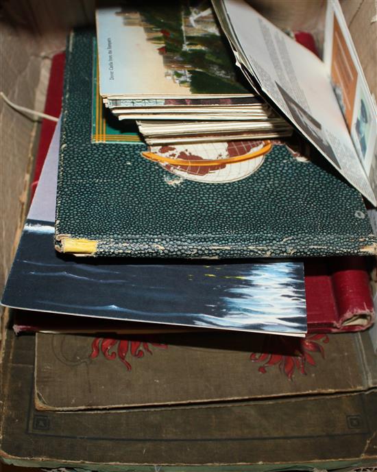 Qty postcards, stamp album, ephemera